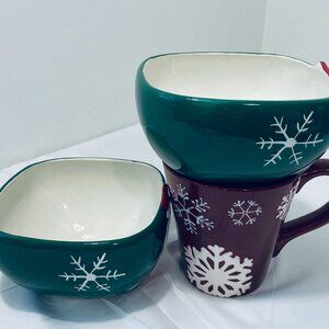 3 Pcs: (2) Holiday Time Santa Bowls + St Nicholas Square Snowflake Mug